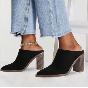 FOWT Black Pointed Toe Slip On Mules Stacked Block High Heel Sandal Proms Shoes